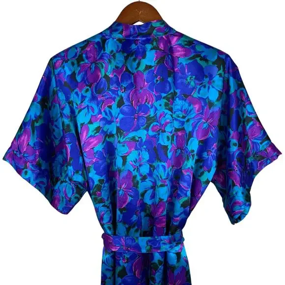 Vintage JO Intimates Robe Kimono Satin Blue Purple Floral Pocket Women's M - Picture 6 of 6